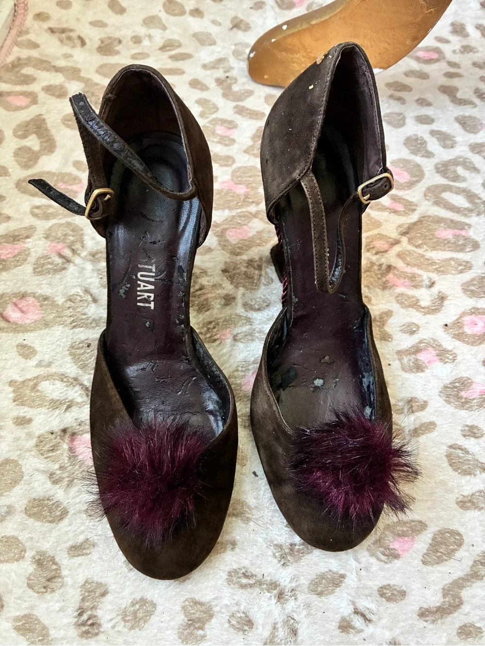 Colin Stuart Brown Suede Mary Jane Wedges with Plum Pom Trim